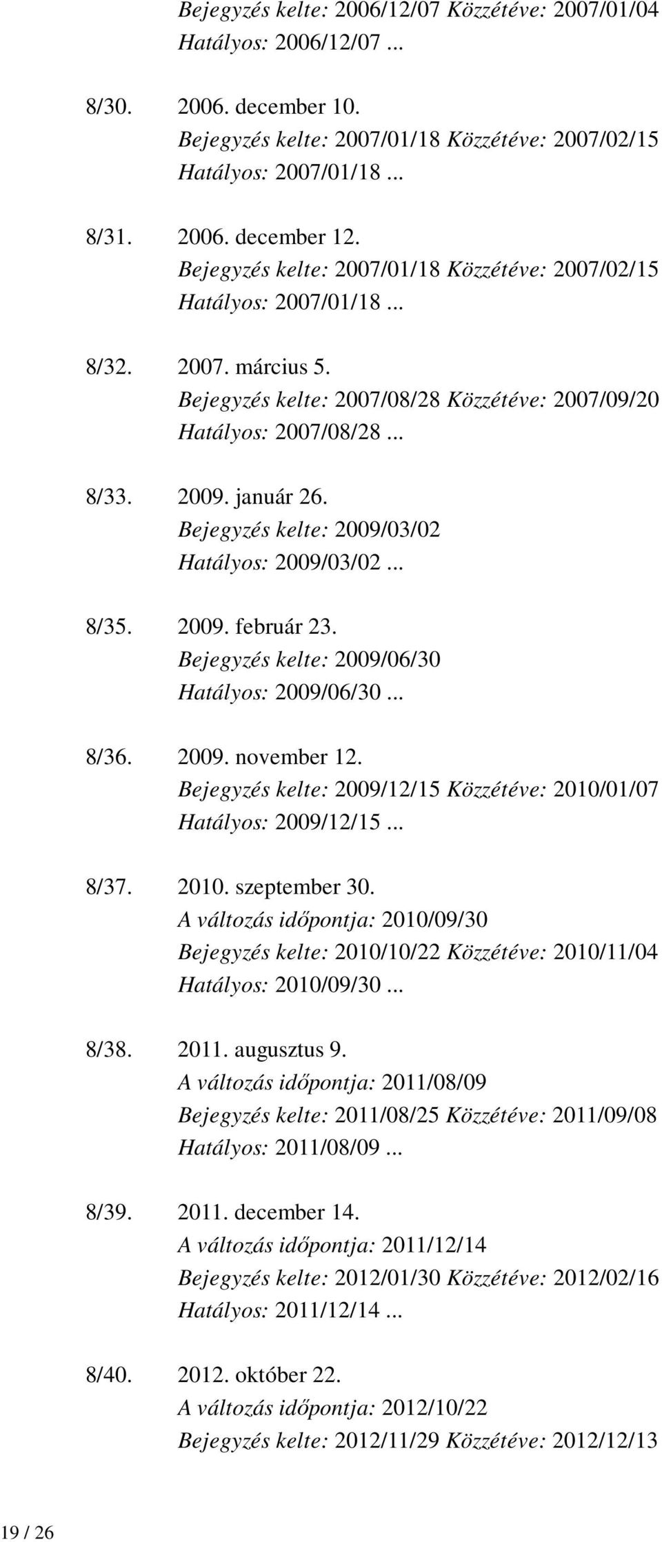 Bejegyzés kelte: 2009/03/02 Hatályos: 2009/03/02... 8/35. 2009. február 23. Bejegyzés kelte: 2009/06/30 Hatályos: 2009/06/30... 8/36. 2009. november 12.