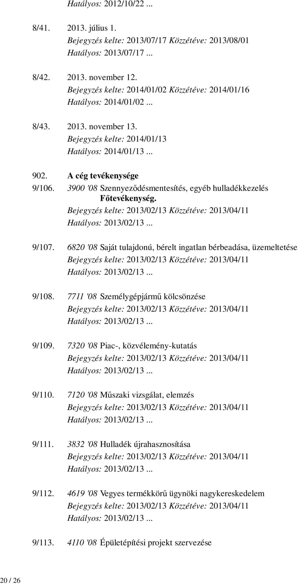 3900 '08 Szennyeződésmentesítés, egyéb hulladékkezelés Főtevékenység. 9/107. 6820 '08 Saját tulajdonú, bérelt ingatlan bérbeadása, üzemeltetése 9/108.