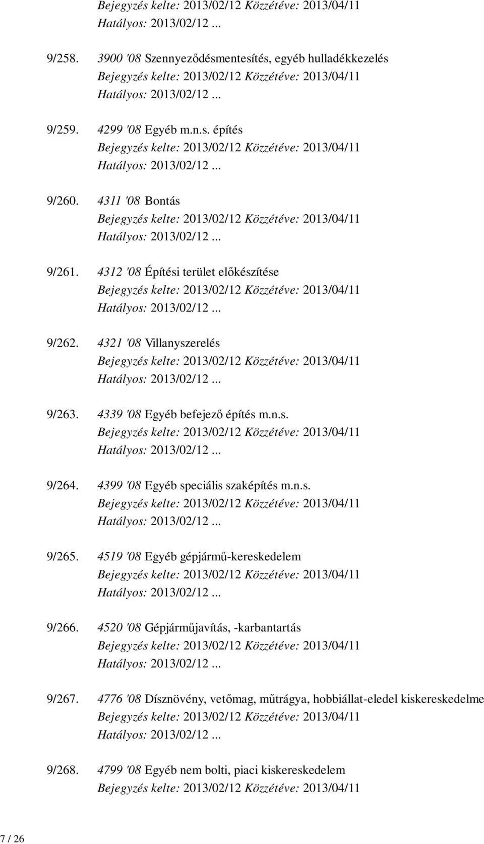 4339 '08 Egyéb befejező építés m.n.s. 9/264. 4399 '08 Egyéb speciális szaképítés m.n.s. 9/265.