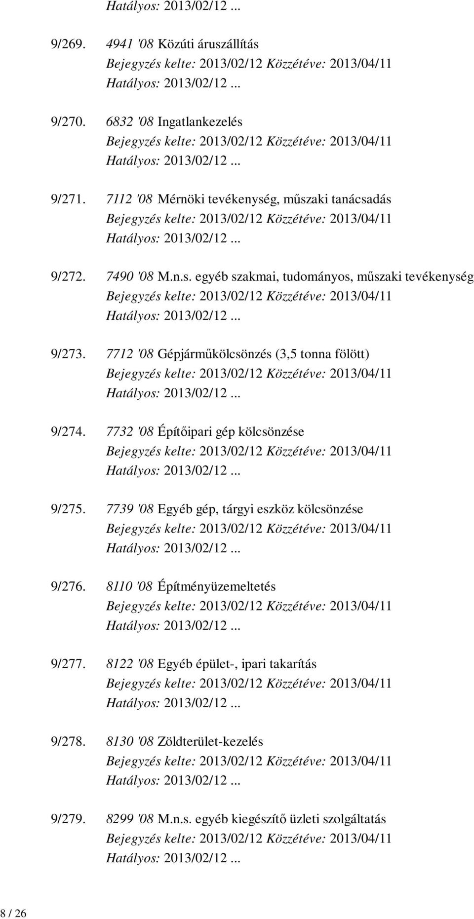 7712 '08 Gépjárműkölcsönzés (3,5 tonna fölött) 9/274. 7732 '08 Építőipari gép kölcsönzése 9/275.