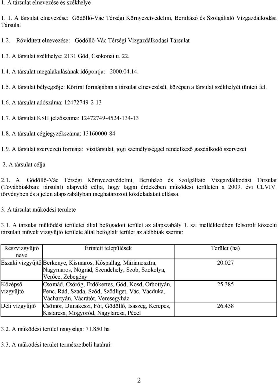 A társulat bélyegzője: Körirat formájában a társulat elnevezését, középen a társulat székhelyét tünteti fel. 1.6. A társulat adószáma: 12472749-2-13 1.7. A társulat KSH jelzőszáma: 12472749-4524-134-13 1.