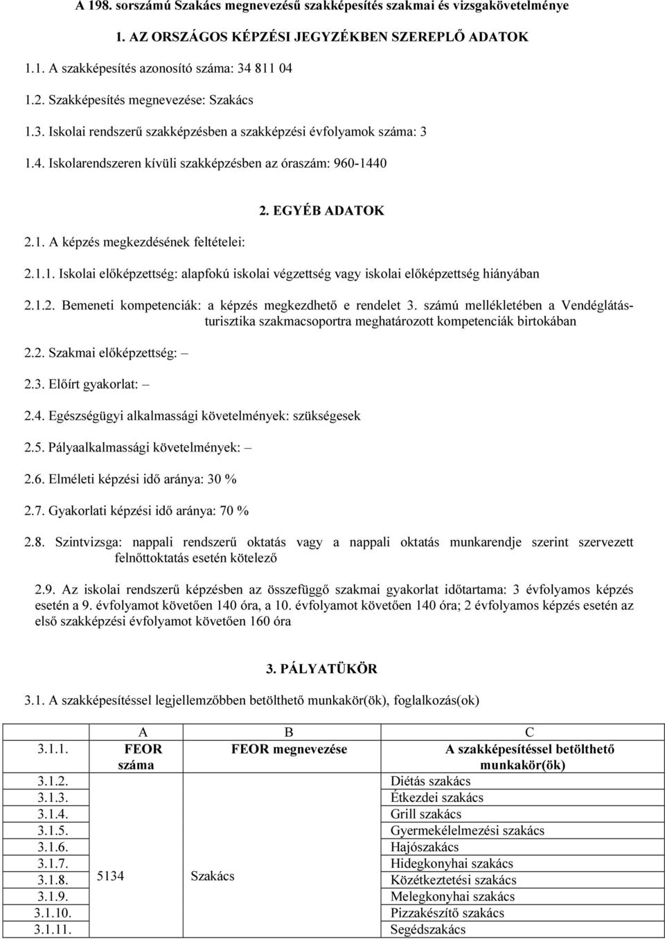 EGYÉB ADATOK 2.1.1. Iskolai előképzettség: alapfokú iskolai végzettség vagy iskolai előképzettség hiányában 2.1.2. Bemeneti kompetenciák: a képzés megkezdhető e rendelet 3.