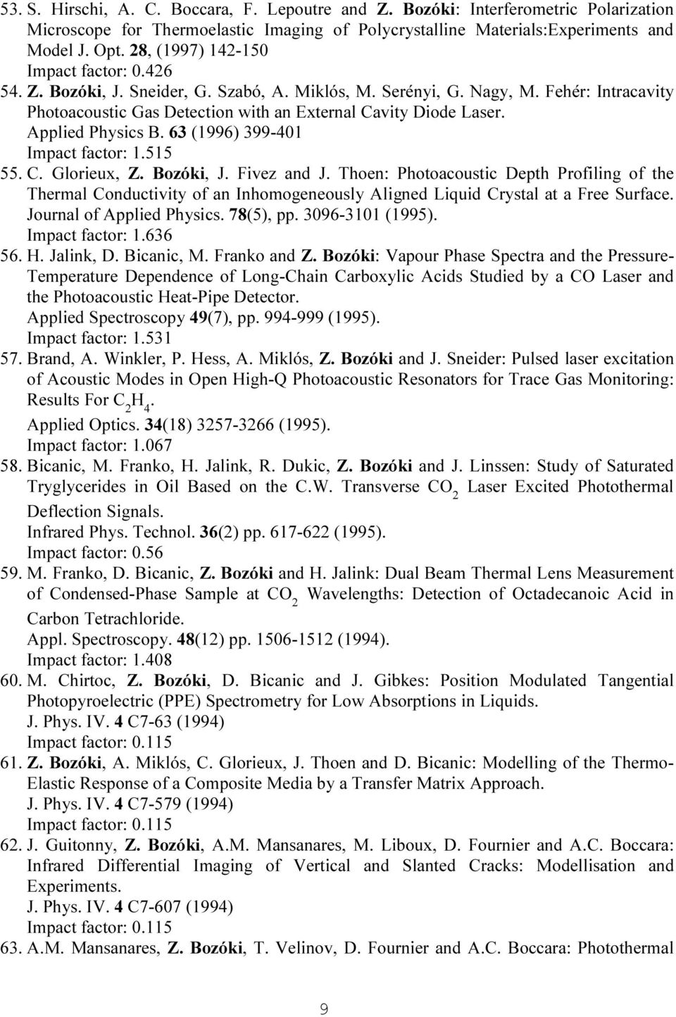 Applied Physics B. 63 (1996) 399-401 Impact factor: 1.515 55. C. Glorieux, Z. Bozóki, J. Fivez and J.