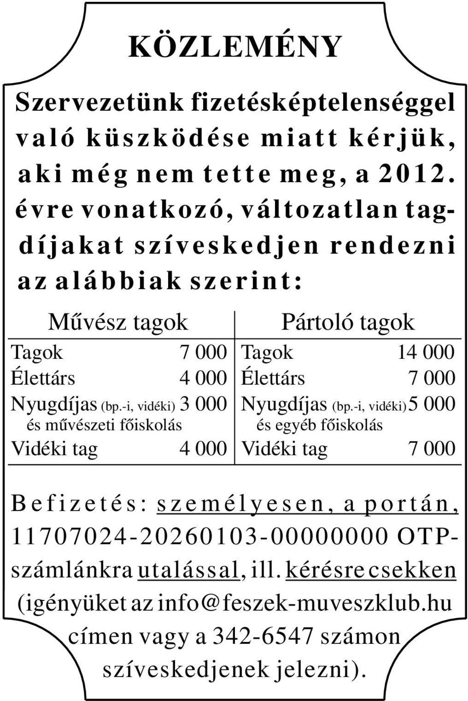-i, vidéki) 3 000 és művészeti főiskolás Vidéki tag 4 000 Pártoló tagok Tagok 14 000 Élettárs 7 000 Nyugdíjas (bp.