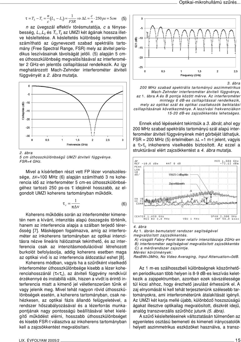 (5) alapján 5 cmes úthosszkülönbség megvalósításával az interferométer 2 GHz-en jelentôs csillapítással rendelkezik. Az így meghatározott Mach-Zehnder interferométer átviteli függvényét a 2.
