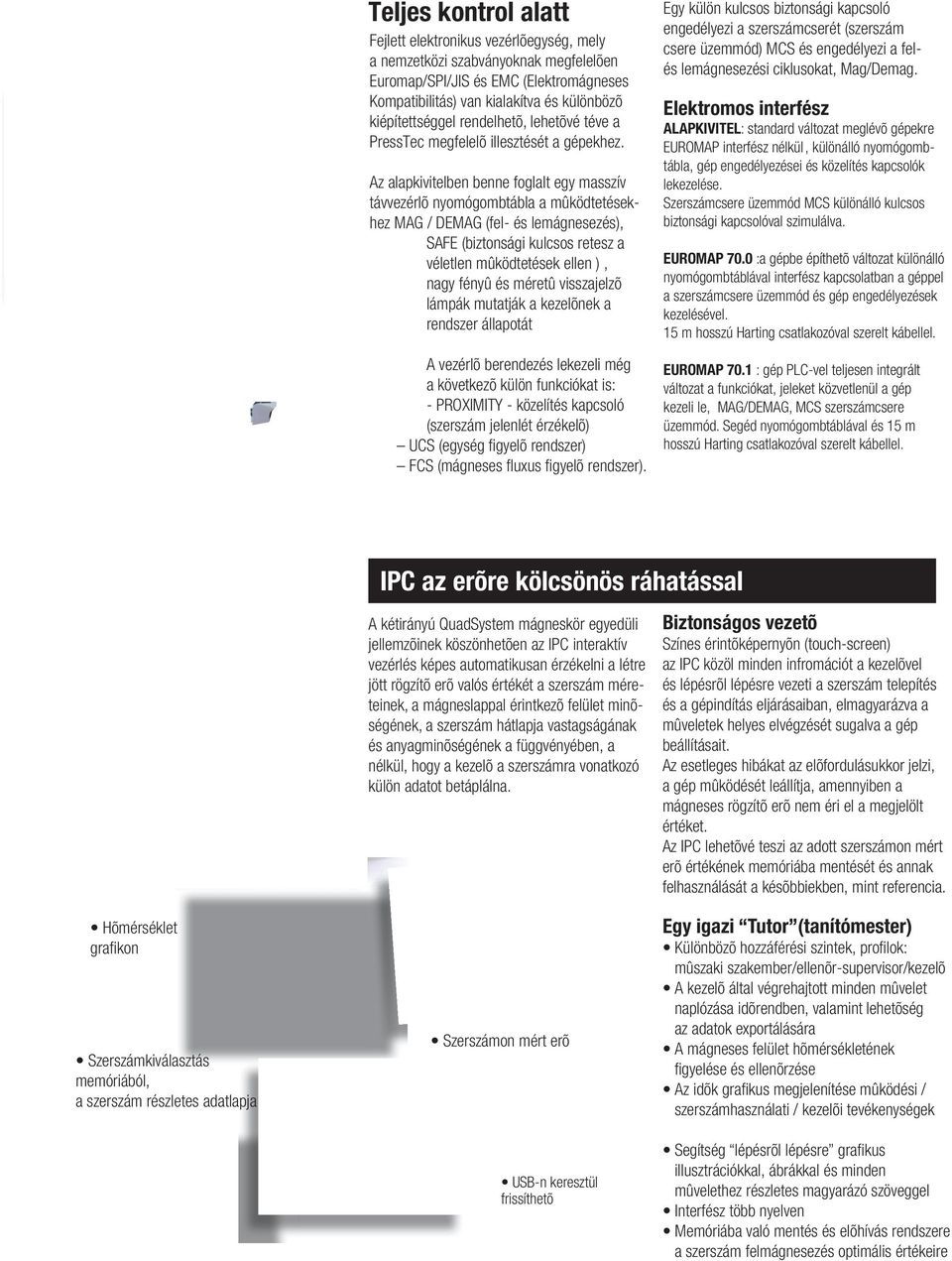 Az alapkivitelben benne foglalt egy masszív távvezérlõ nyomógombtábla a mûködtetésekhez MAG / DEMAG (fel- és lemágnesezés), SAFE (biztonsági kulcsos retesz a véletlen mûködtetések ellen ), nagy fényû
