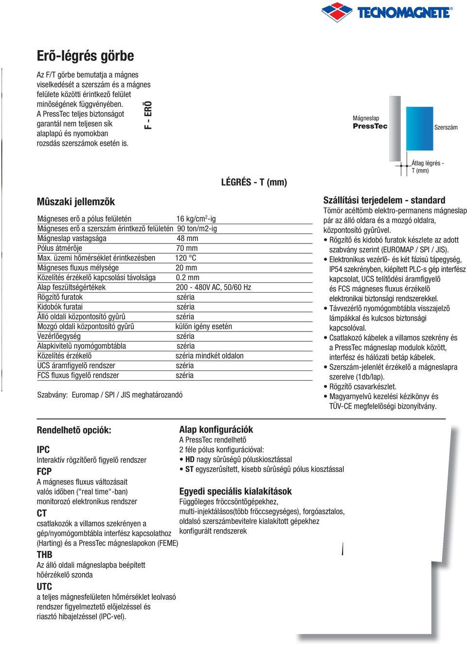 F - ERÕ Mágneslap PressTec Szerszám LÉGRÉS - T (mm) Mûszaki jellemzõk Mágneses erõ a pólus felületén 16 kg/cm 2 -ig Mágneses erõ a szerszám érintkezõ felületén 90 ton/m2-ig Mágneslap vastagsága 48 mm