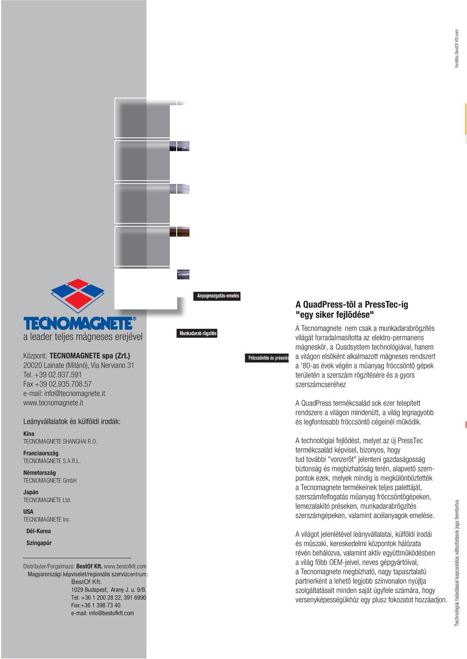 USA TECNOMAGNETE Inc. Dél-Korea Szingapúr Distributor/Forgalmazó: BestOf Kft. www.bestofkft.com Magyarországi képviselet/regionális szervizcentrum: BestOf Kft. 1029 Budapest, Arany J. u. 9/B.