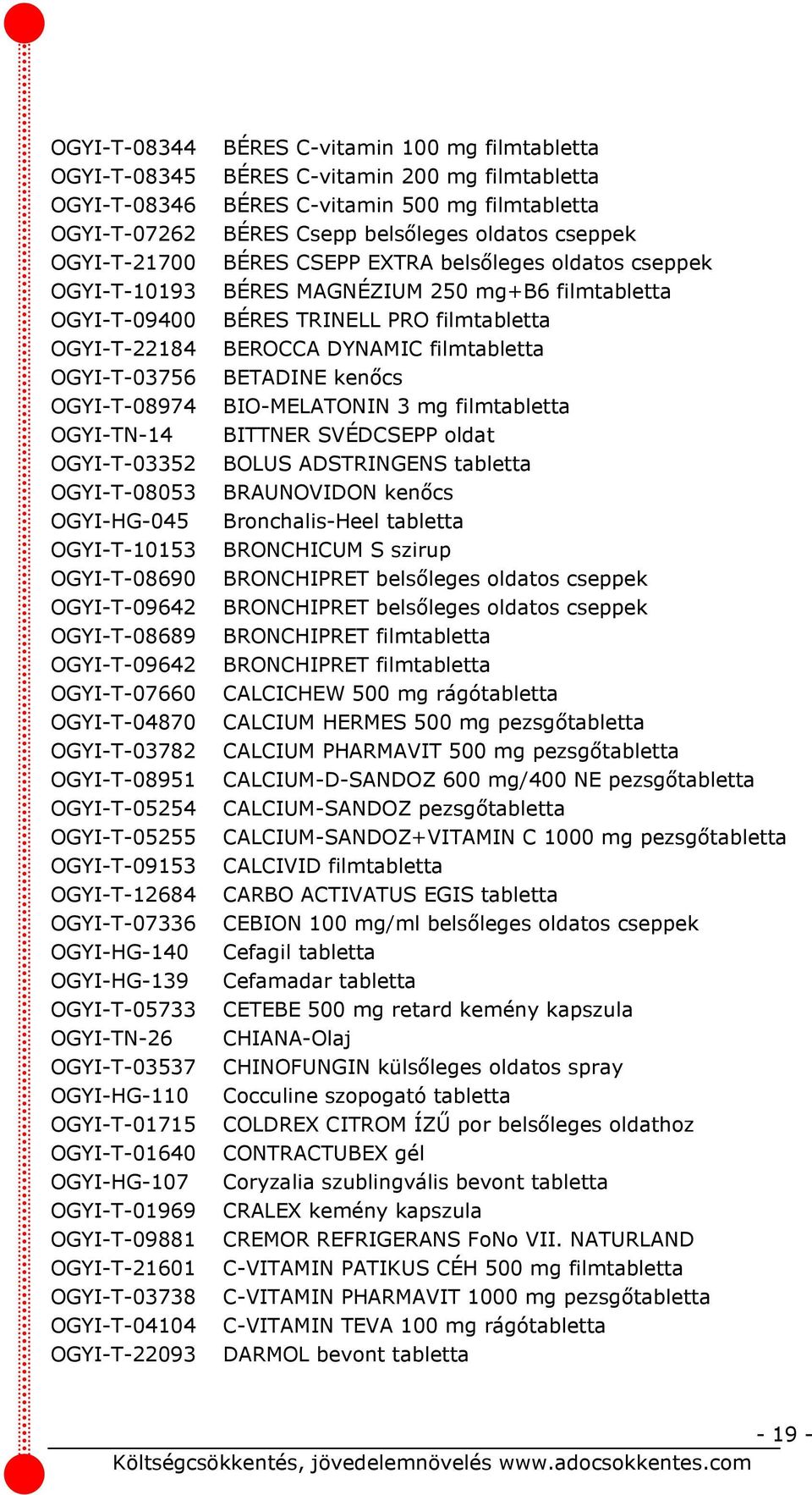 OGYI-T-05733 OGYI-TN-26 OGYI-T-03537 OGYI-HG-110 OGYI-T-01715 OGYI-T-01640 OGYI-HG-107 OGYI-T-01969 OGYI-T-09881 OGYI-T-21601 OGYI-T-03738 OGYI-T-04104 OGYI-T-22093 BÉRES C-vitamin 100 mg