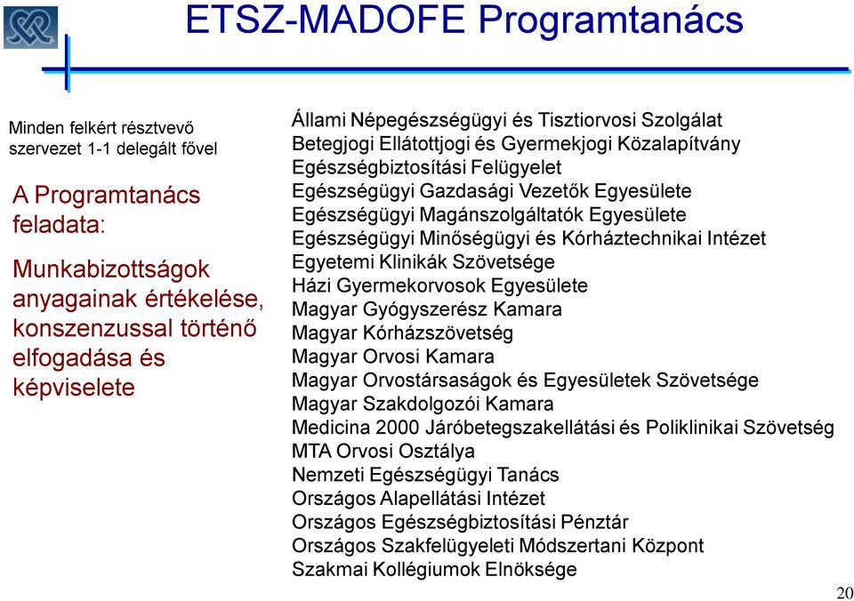 Magánszolgáltatók Egyesülete Egészségügyi Minőségügyi és Kórháztechnikai Intézet Egyetemi Klinikák Szövetsége Házi Gyermekorvosok Egyesülete Magyar Gyógyszerész Kamara Magyar Kórházszövetség Magyar