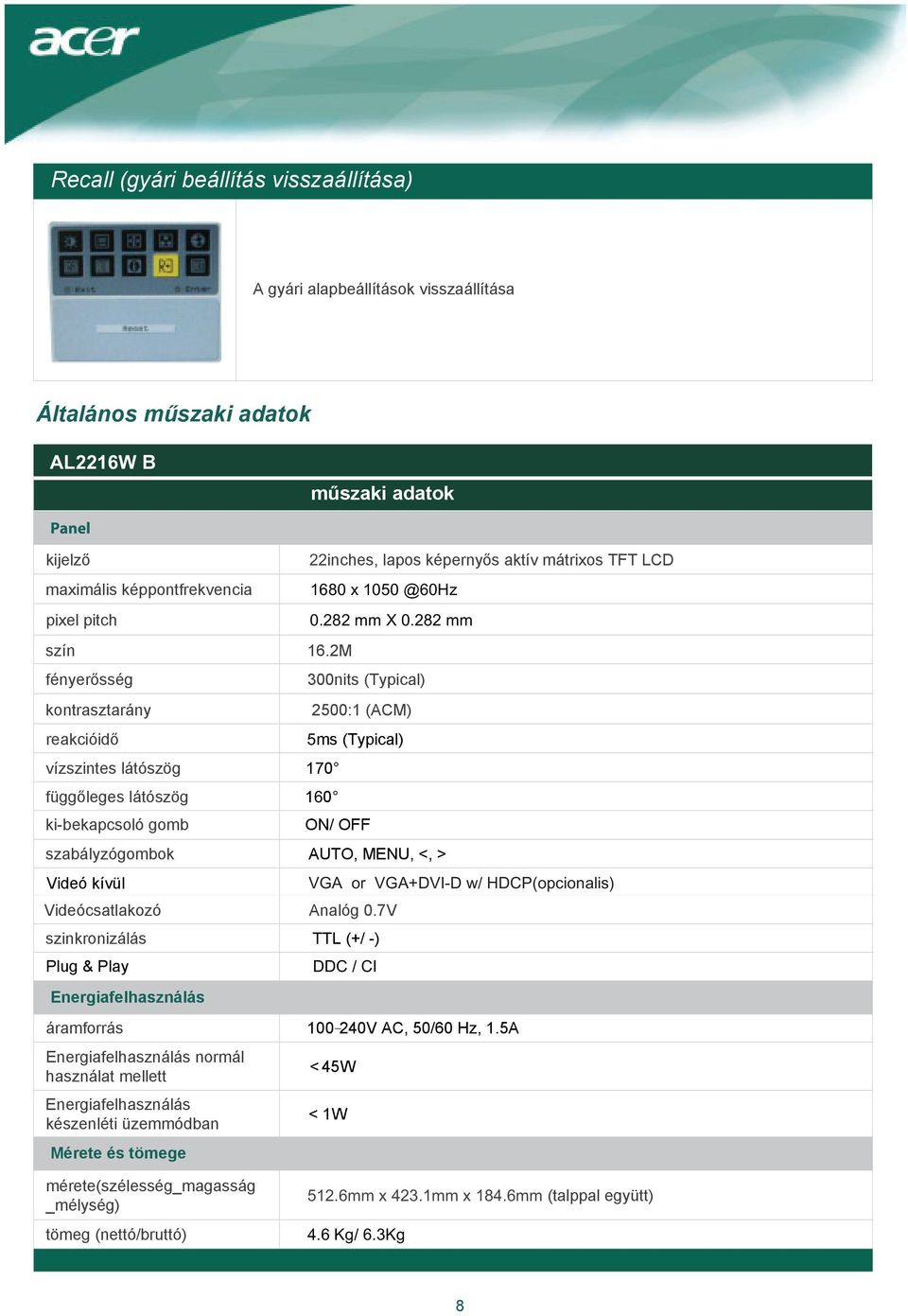 282 mm 300nits (Typical) 2500:1 (ACM) 5ms (Typical) ON/ OFF szabályzógombok AUTO, MENU, <, > Videó kívül Videócsatlakozó Analóg 0.