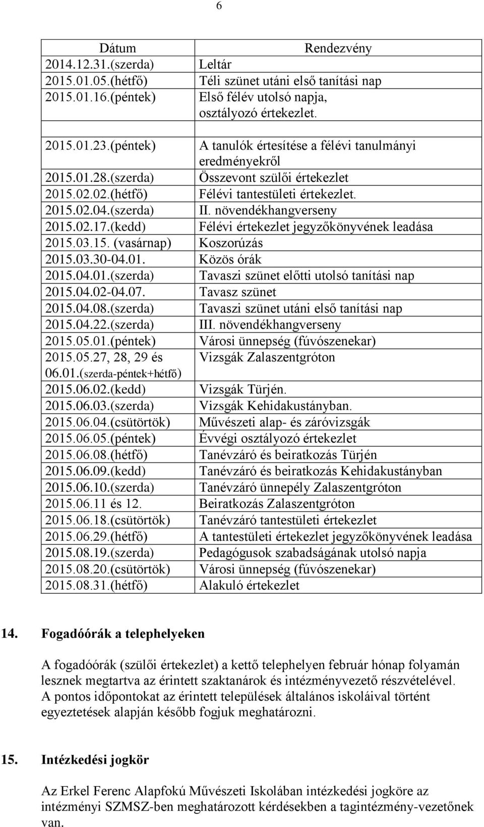 növendékhangverseny 2015.02.17.(kedd) Félévi értekezlet jegyzőkönyvének leadása 2015.03.15. (vasárnap) Koszorúzás 2015.03.30-04.01. Közös órák 2015.04.01.(szerda) Tavaszi szünet előtti utolsó tanítási nap 2015.