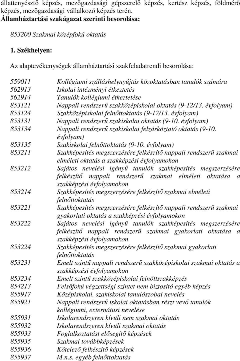 Székhelyen: Az alaptevékenységek államháztartási szakfeladatrendi besorolása: 559011 Kollégiumi szálláshelynyújtás közoktatásban tanulók számára 562913 Iskolai intézményi étkeztetés 562914 Tanulók