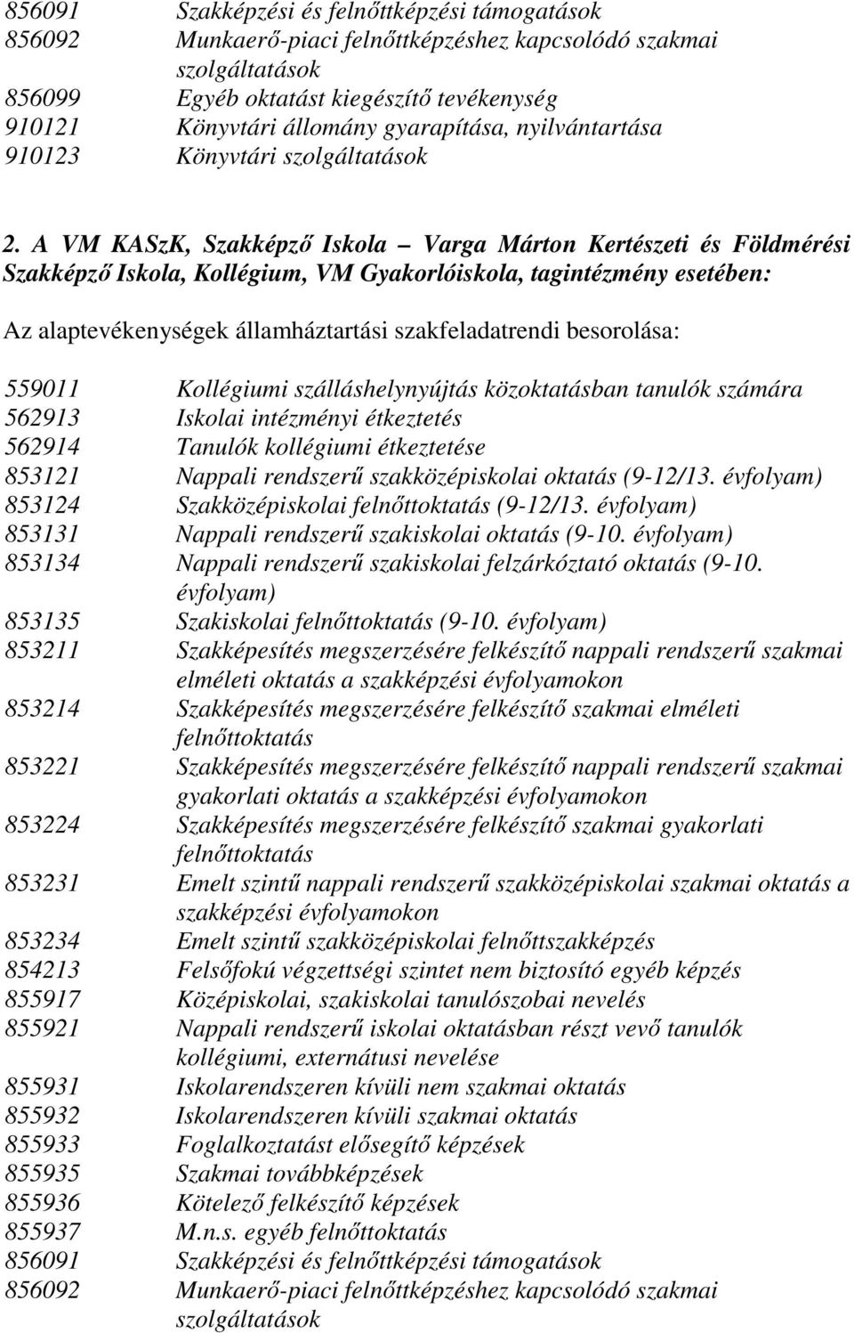 A VM KASzK, Szakképző Iskola Varga Márton Kertészeti és Földmérési Szakképző Iskola, Kollégium, VM Gyakorlóiskola, tagintézmény esetében: Az alaptevékenységek államháztartási szakfeladatrendi