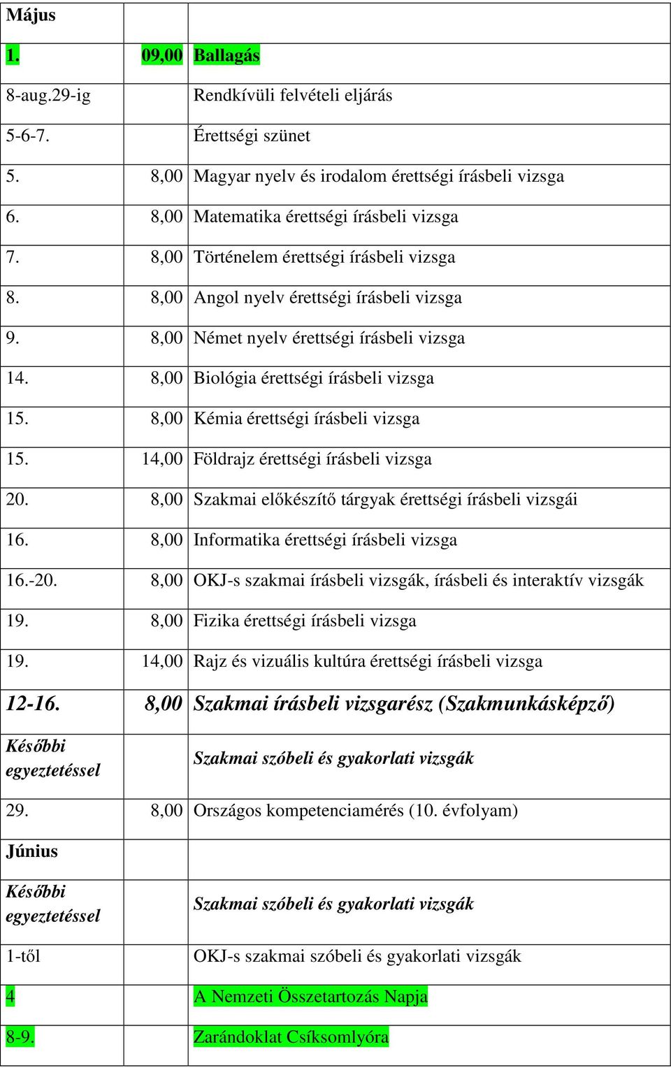 8,00 Kémia érettségi írásbeli vizsga 15. 14,00 Földrajz érettségi írásbeli vizsga 20. 8,00 Szakmai előkészítő tárgyak érettségi írásbeli vizsgái 16. 8,00 Informatika érettségi írásbeli vizsga 16.-20.