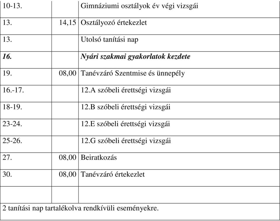 A szóbeli érettségi vizsgái 18-19. 12.B szóbeli érettségi vizsgái 23-24. 12.E szóbeli érettségi vizsgái 25-26.