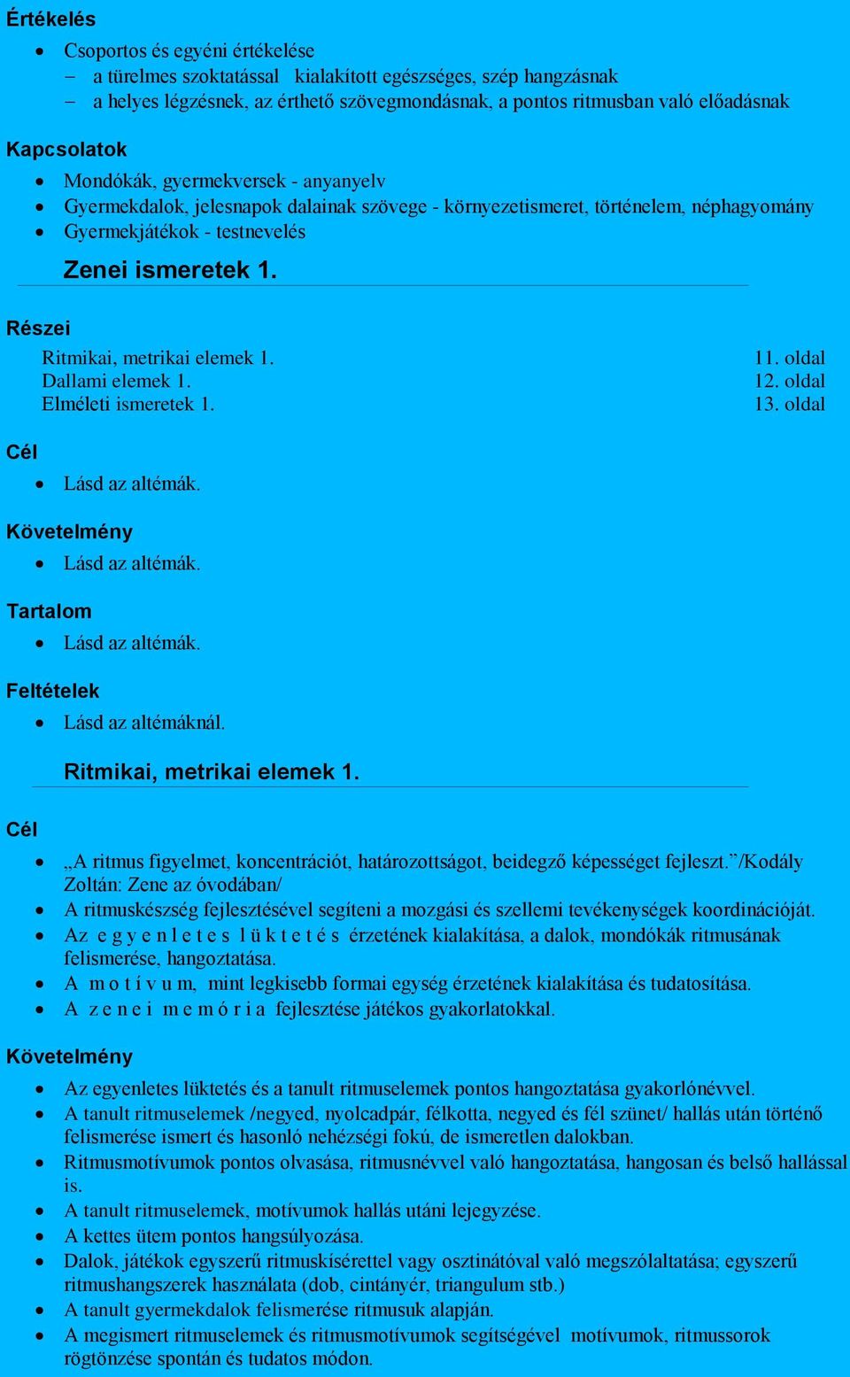 Részei Ritmikai, metrikai elemek 1. Dallami elemek 1. Elméleti ismeretek 1. 11. oldal 12. oldal 13. oldal Lásd az altémák. Lásd az altémák. Lásd az altémák. Feltételek Lásd az altémáknál.