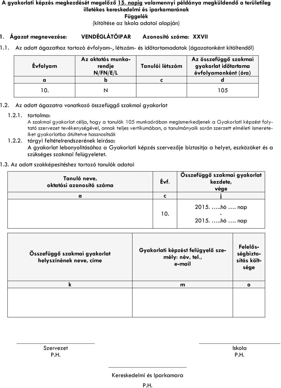 ) Évfolyam Az oktatás munkarendje N/FN/E/L Tanulói létszám Az összefüggő szakmai gyakorlat időtartama évfolyamonként (óra) a b c d 10. N 105 1.2.