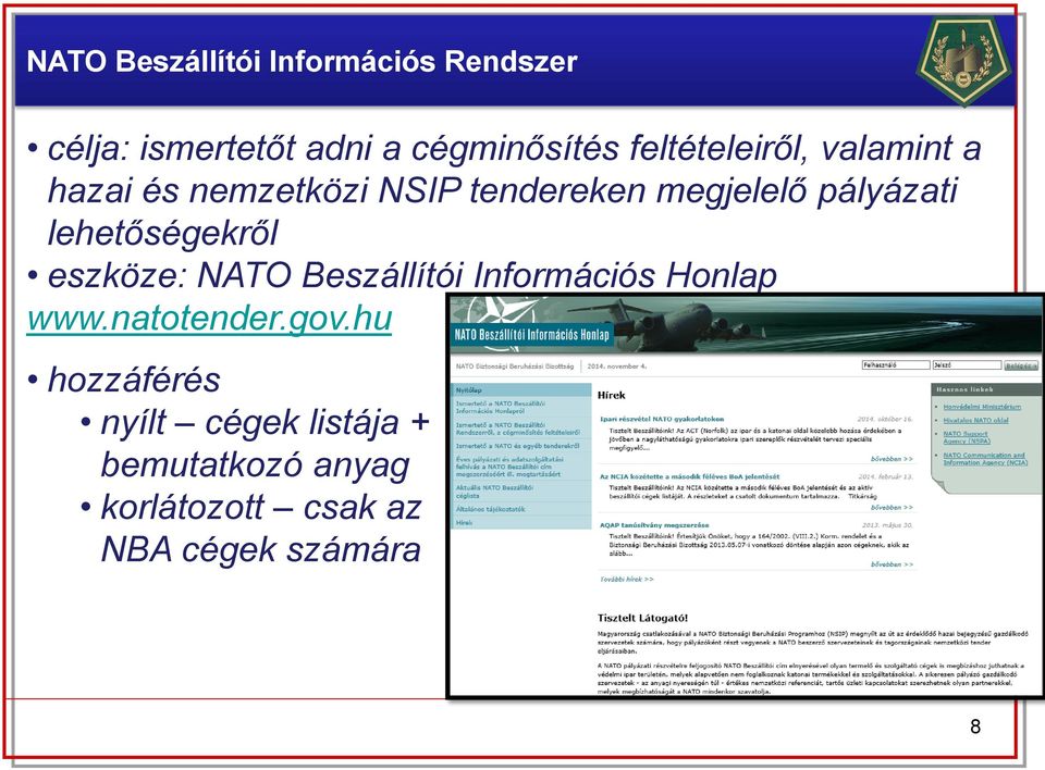 lehetőségekről eszköze: NATO Beszállítói Információs Honlap www.natotender.gov.