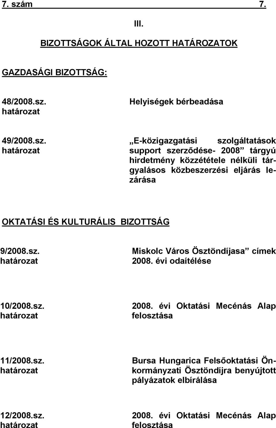 határozat Helyiségek bérbeadása 49/2008.sz.
