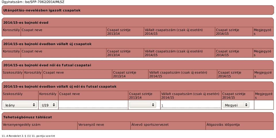 csapatszám (csak új esetén) Megjegyzé s -es bajnoki évadban vállalt új női és futsal csapatok Szakosztály Korosztály Csapat neve 2013/14 Vállalt csapatszám (csak új esetén)