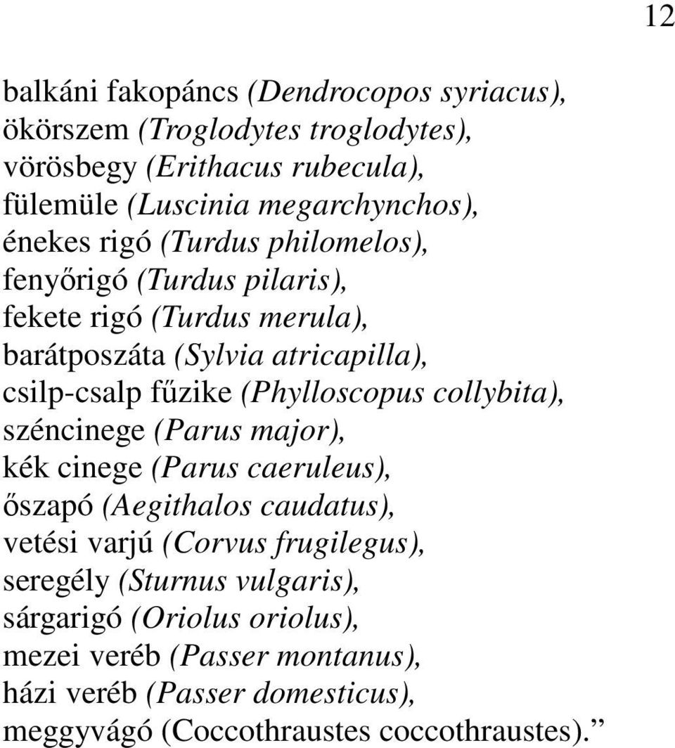 (Phylloscopus collybita), széncinege (Parus major), kék cinege (Parus caeruleus), ıszapó (Aegithalos caudatus), vetési varjú (Corvus frugilegus),