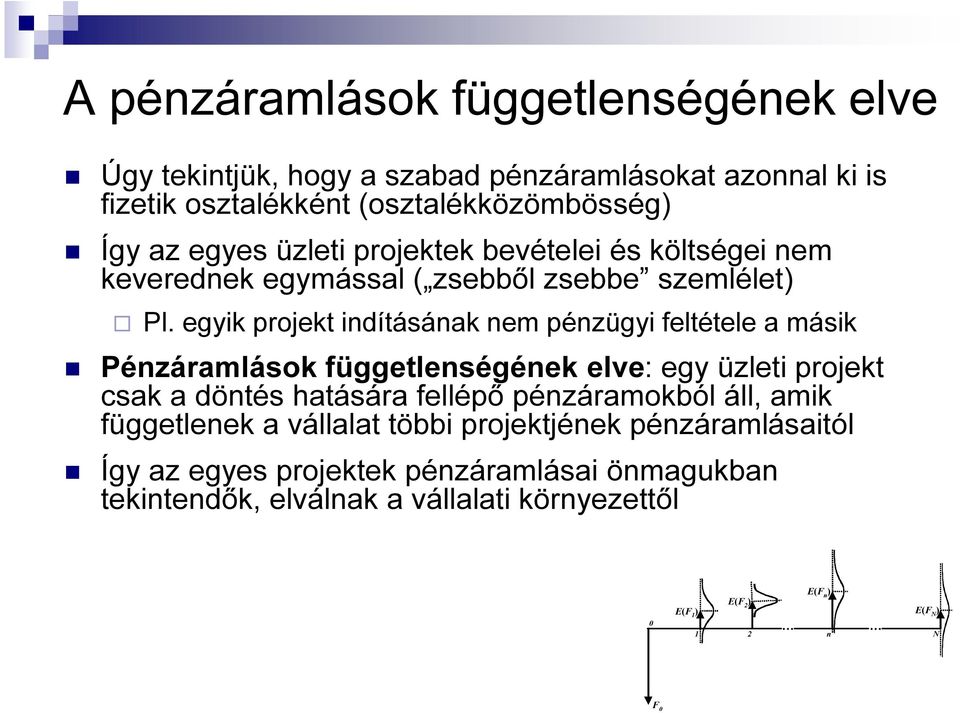 egyik pojekt indításának nem pénzügyi feltétele a másik Pénzáamlások függetlenségének elve: egy üzleti pojekt csak a döntés hatásáa fellépő