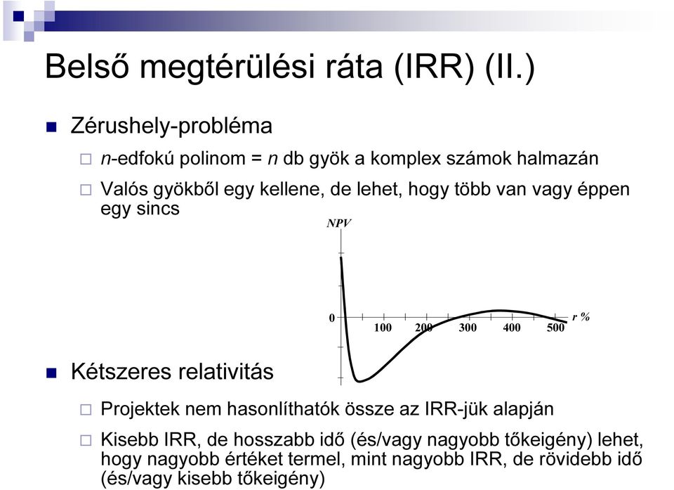 lehet, hogy több van vagy éppen egy sincs NPV 0 100 200 300 400 500 % Kétszees elativitás Pojektek nem