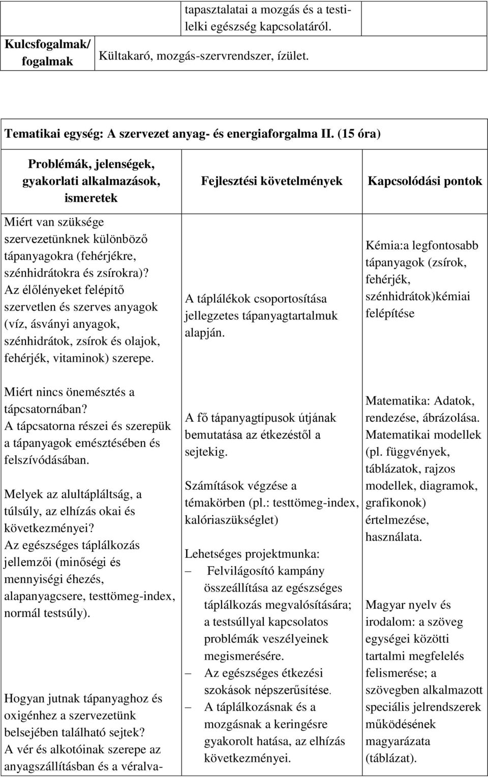 Az élőlényeket felépítő szervetlen és szerves anyagok (víz, ásványi anyagok, szénhidrátok, zsírok és olajok, fehérjék, vitaminok) szerepe.