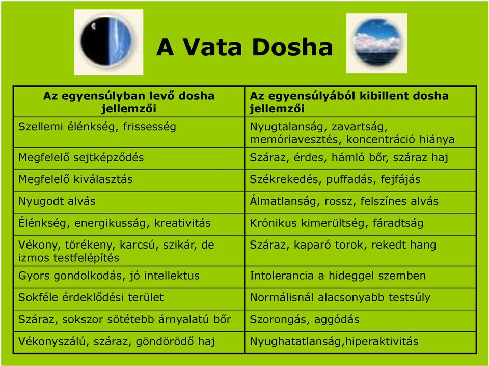 egyensúlyából kibillent dosha jellemzői Nyugtalanság, zavartság, memóriavesztés, koncentráció hiánya Száraz, érdes, hámló bőr, száraz haj Székrekedés, puffadás, fejfájás Álmatlanság, rossz,