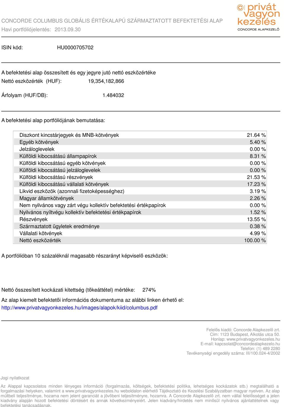 484032 A befektetési alap portfóliójának bemutatása: Diszkont kincstárjegyek és MNB-kötvények Egyéb kötvények Jelzáloglevelek Külföldi kibocsátású állampapírok Külföldi kibocsátású egyéb kötvények