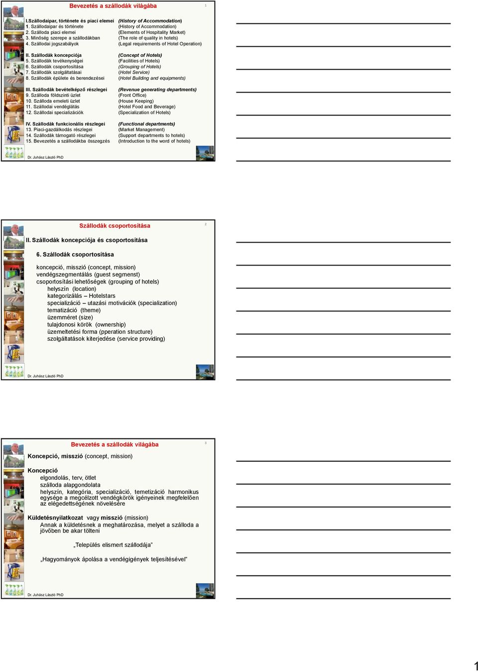 Szállodák koncepciója (Concept of Hotels) 5. Szállodák tevékenységei (Facilities of Hotels) 6. (Grouping of Hotels) 7. Szállodák szolgáltatásai (Hotel Service) 8.