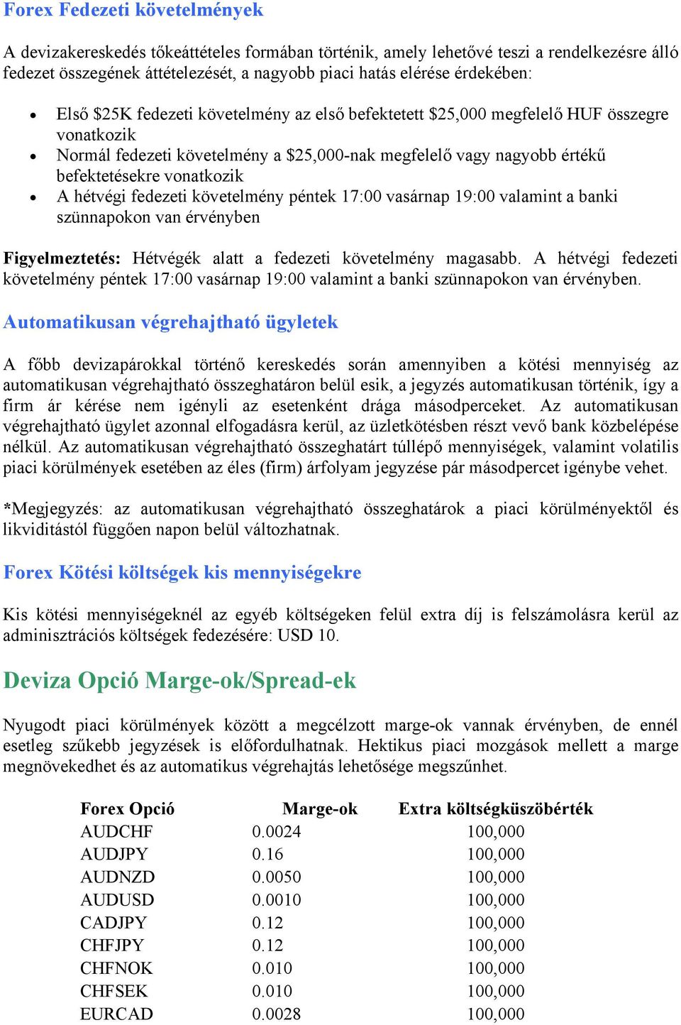 hétvégi fedezeti követelmény péntek 17:00 vasárnap 19:00 valamint a banki szünnapokon van érvényben Figyelmeztetés: Hétvégék alatt a fedezeti követelmény magasabb.