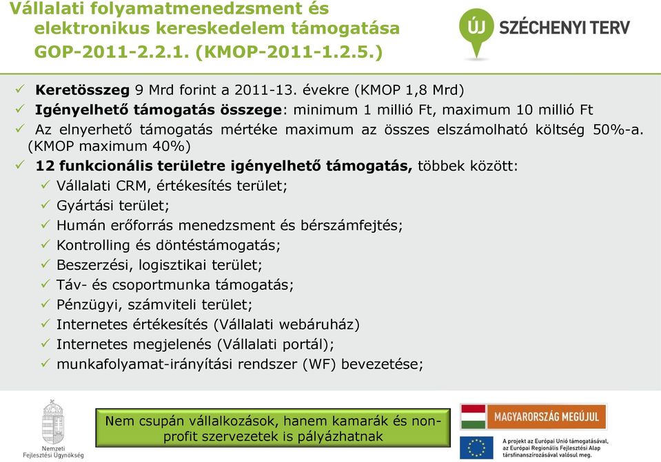 (KMOP maximum 40%) 12 funkcionális területre igényelhető támogatás, többek között: Vállalati CRM, értékesítés terület; Gyártási terület; Humán erőforrás menedzsment és bérszámfejtés; Kontrolling és