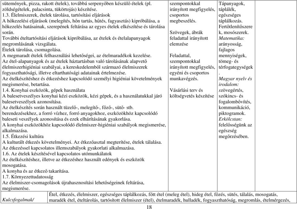 elkészítése és tárolása során. További ételtartósítási eljárások kipróbálása, az ételek és ételalapanyagok megromlásának vizsgálata. Ételek tárolása, csomagolása.