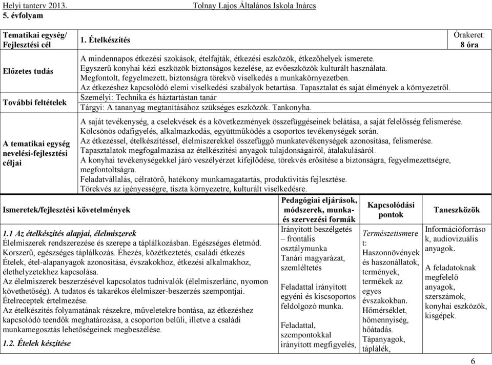 Egyszerű konyhai kézi eszközök biztonságos kezelése, az evőeszközök kulturált használata. Megfontolt, fegyelmezett, biztonságra törekvő viselkedés a munkakörnyezetben.