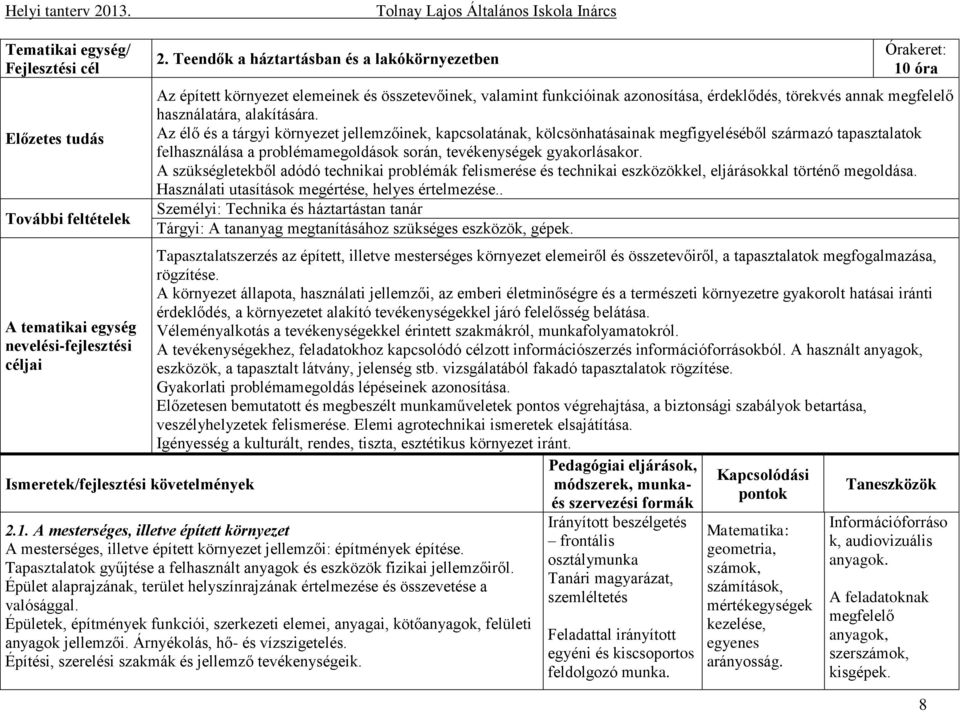 alakítására. Az élő és a tárgyi környezet jellemzőinek, kapcsolatának, kölcsönhatásainak megfigyeléséből származó tapasztalatok felhasználása a problémamegoldások során, tevékenységek gyakorlásakor.