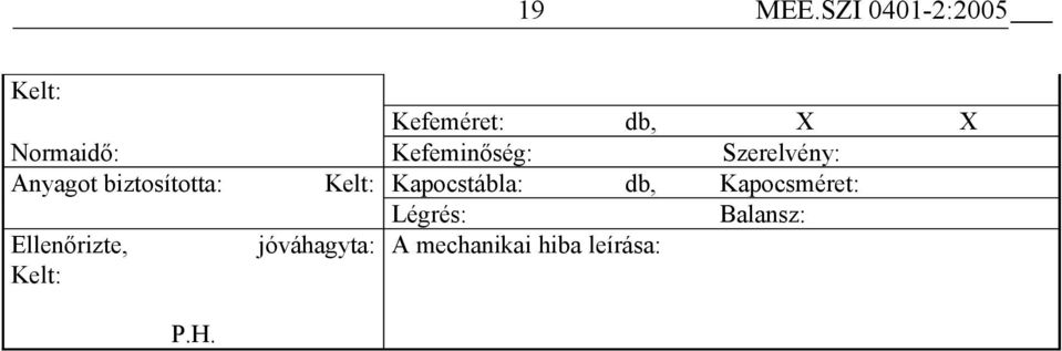 Kefeminőség: Szerelvény: Anyagot biztosította: Kelt: