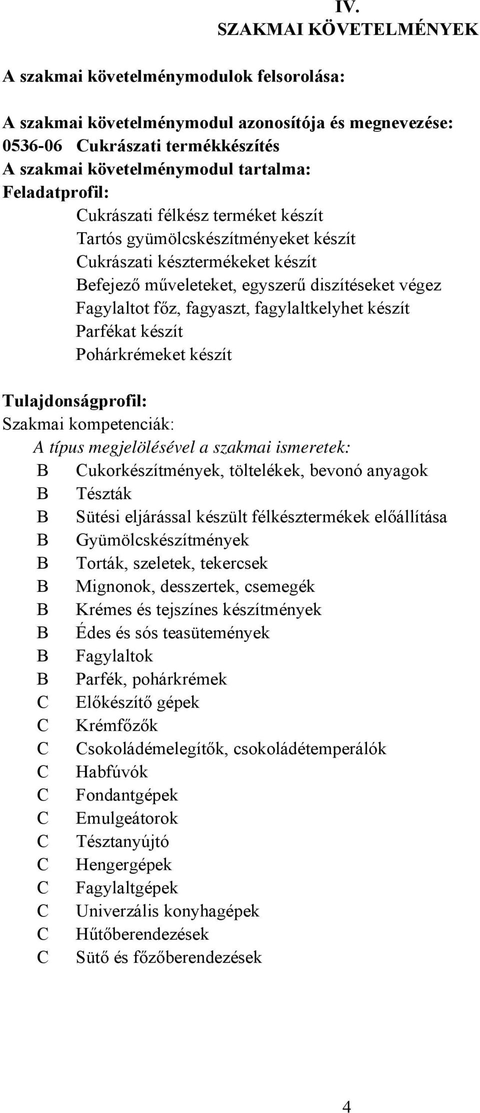 fagylaltkelyhet készít Parfékat készít Pohárkrémeket készít Tulajdonságprofil: Szakmai kompetenciák: A típus megjelölésével a szakmai ismeretek: B Cukorkészítmények, töltelékek, bevonó anyagok B