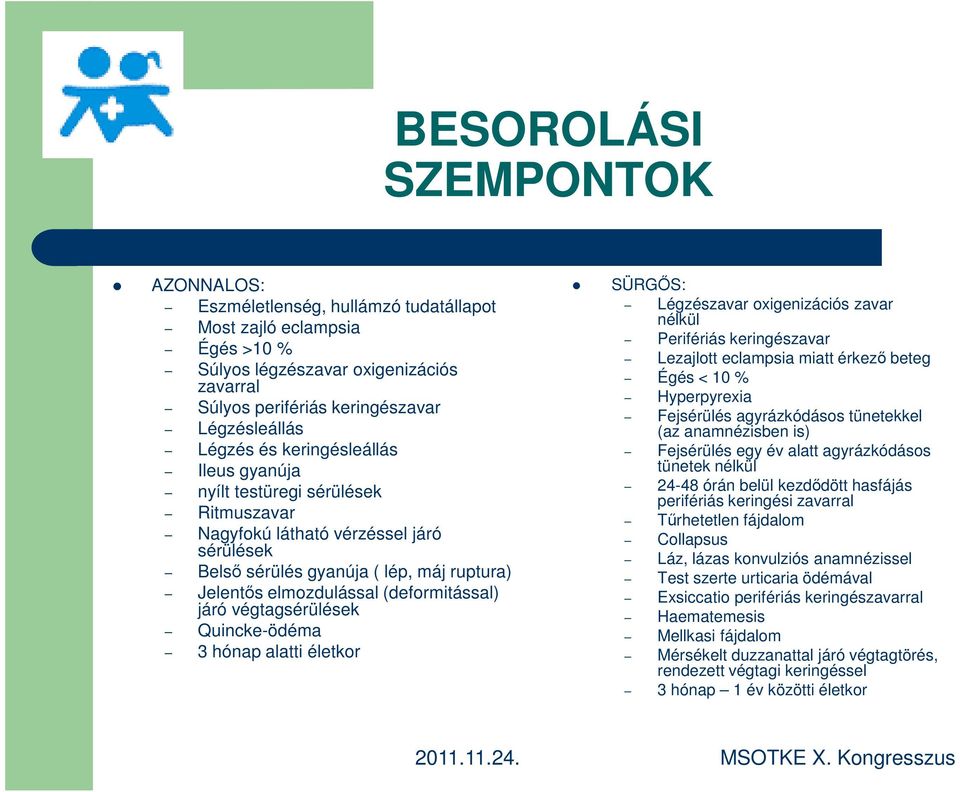 végtagsérülések Quincke-ödéma 3 hónap alatti életkor SÜRGŐS: Légzészavar oxigenizációs zavar nélkül Perifériás keringészavar Lezajlott eclampsia miatt érkező beteg Égés < 10 % Hyperpyrexia Fejsérülés