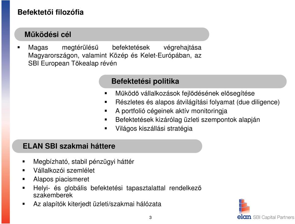 diligence) A portfolió cégeinek aktív monitoringja Befektetések kizárólag üzleti szempontok alapján Világos kiszállási stratégia Megbízható, stabil