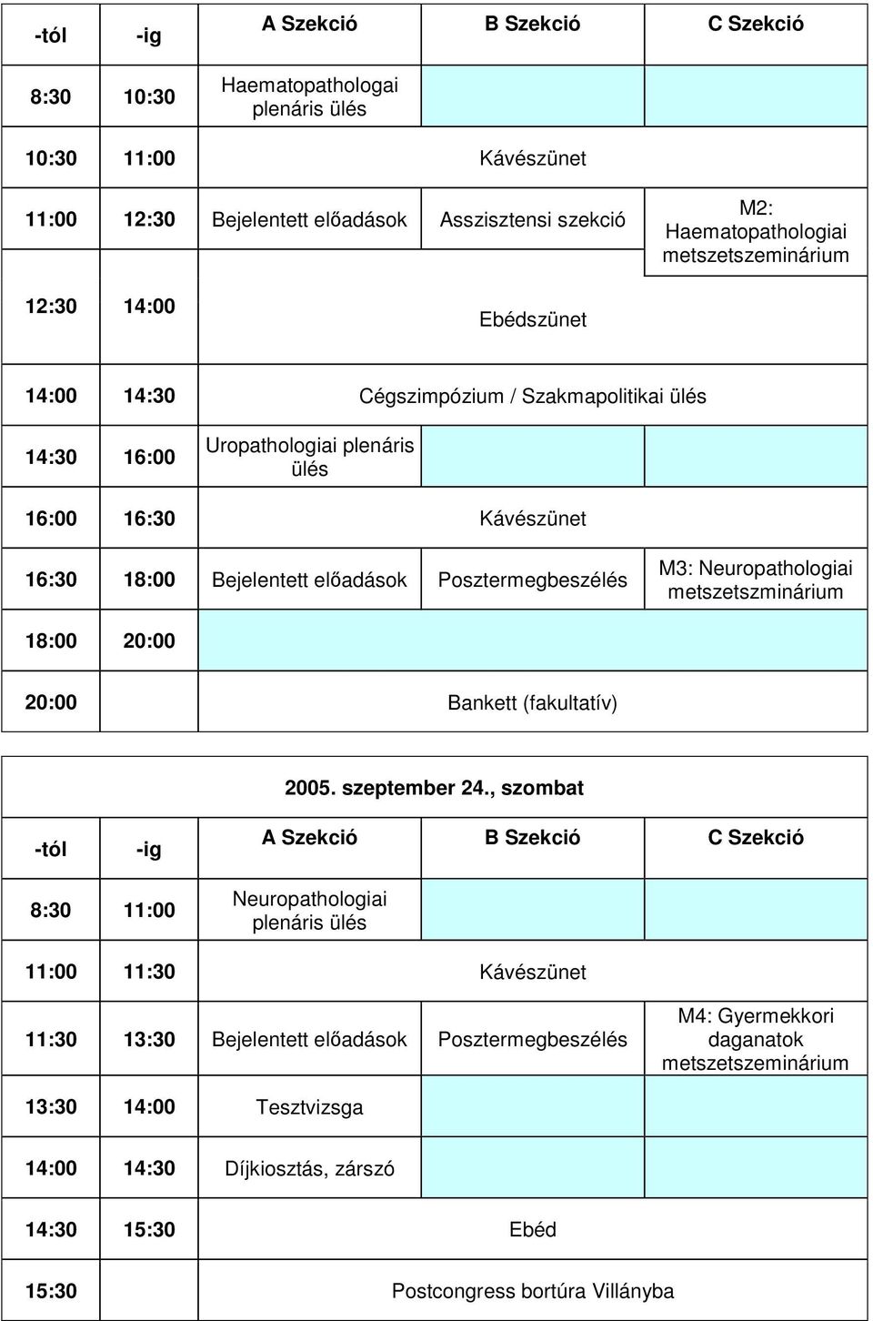 Posztermegbeszélés M3: Neuropathologiai metszetszminárium 18:00 20:00 20:00 Bankett (fakultatív) 2005. szeptember 24.