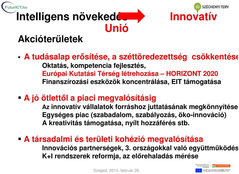 forráshoz juttatásának megkönnyítése, Egységes piac (szabadalom, szabályozás, öko-innováció) A kreativitás támogatása, nyílt hozzáférés stb.