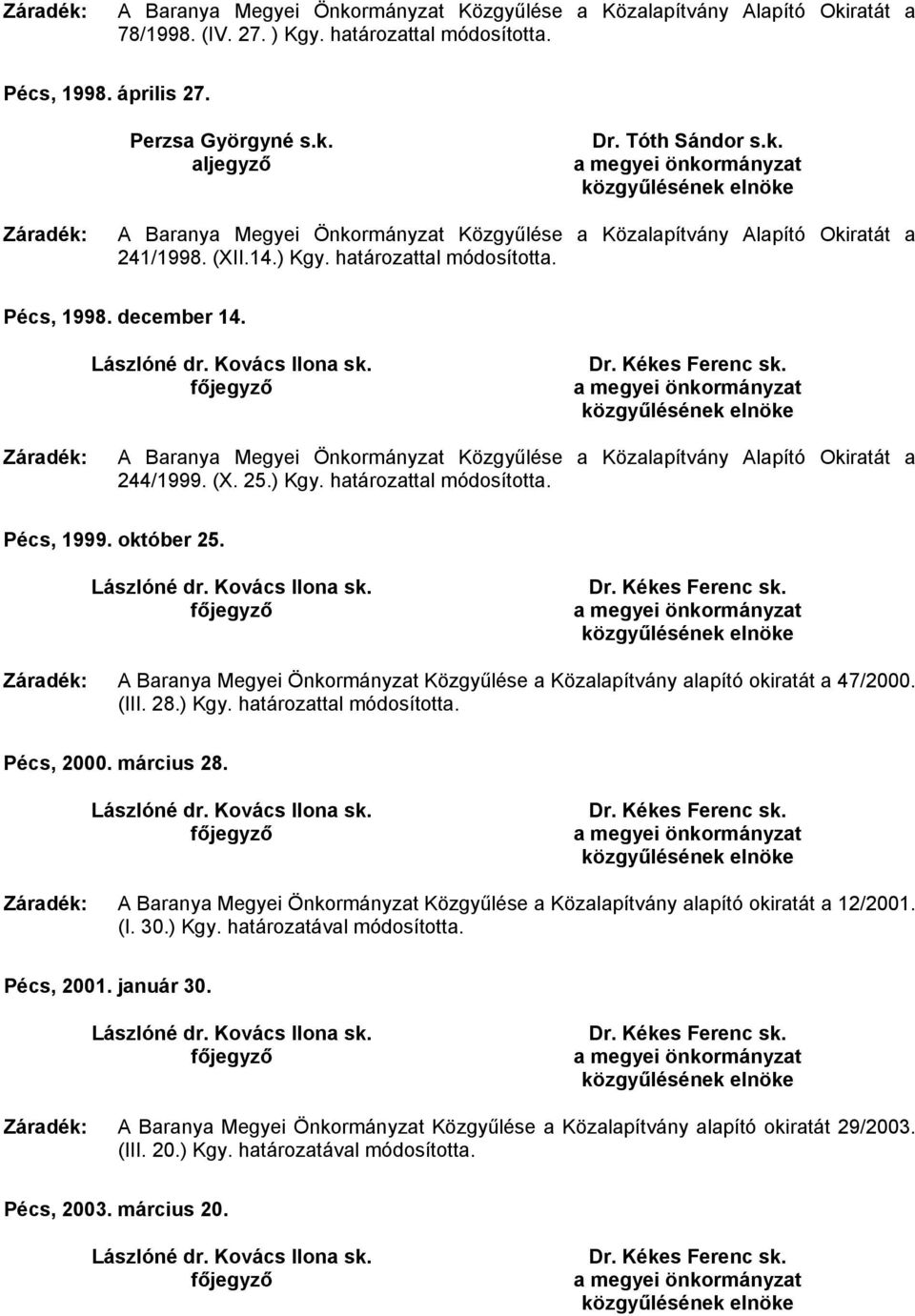 Kovács Ilona sk. főjegyző Dr. Kékes Ferenc sk. Záradék: A Baranya Megyei Önkormányzat Közgyűlése a Közalapítvány Alapító Okiratát a 244/1999. (X. 25.) Kgy. határozattal módosította. Pécs, 1999.