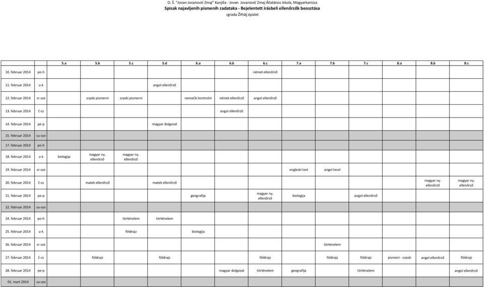 februar 2014 č-cs matek matek 21. februar 2014 pe-p geografija biologija angol 22. februar 2014 su-szo 24. februar 2014 po-h történelem történelem 25.