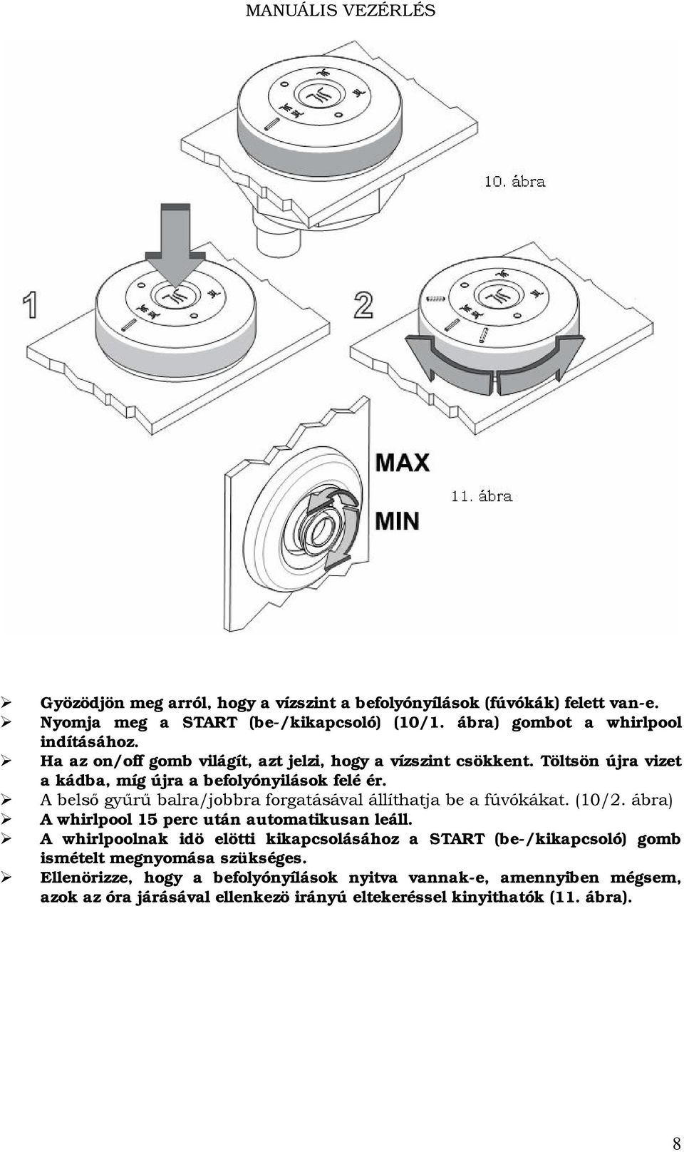 A belső gyűrű balra/jobbra forgatásával állíthatja be a fúvókákat. (10/2. ábra) A whirlpool 15 perc után automatikusan leáll.
