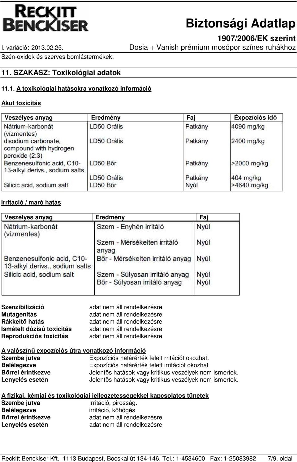 .1. A toxikológiai hatásokra vonatkozó információ Akut toxicitás Veszélyes anyag Eredmény Faj Éxpozíciós idő Irritáció / maró hatás Veszélyes anyag Eredmény Faj Szenzibilizáció Mutagenitás Rákkeltő