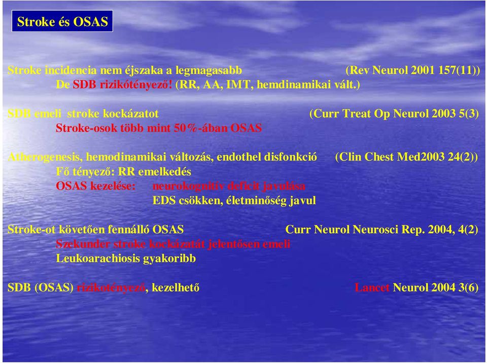 (Clin Chest Med2003 24(2)) Fı tényezı: RR emelkedés OSAS kezelése: neurokognitív deficit javulása EDS csökken, életminıség javul Stroke-ot követıen fennálló