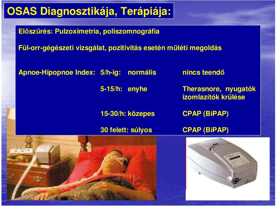 Apnoe-Hipopnoe Index: 5/h-ig: normális nincs teendı 5-15/h: enyhe