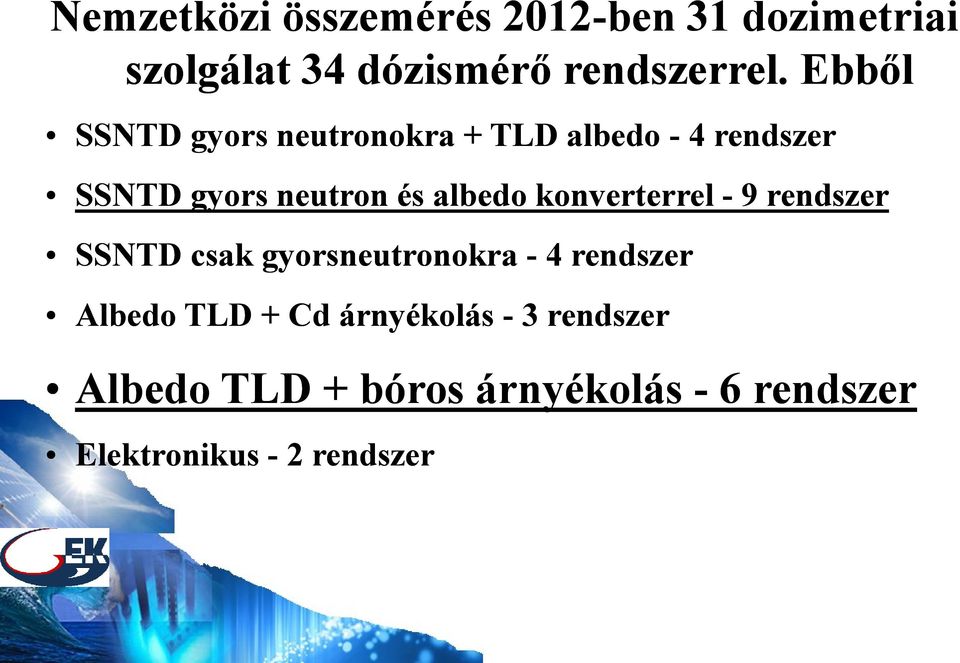 konverterrel - 9 rendszer SSNTD csak gyorsneutronokra - 4 rendszer Albedo TLD + Cd